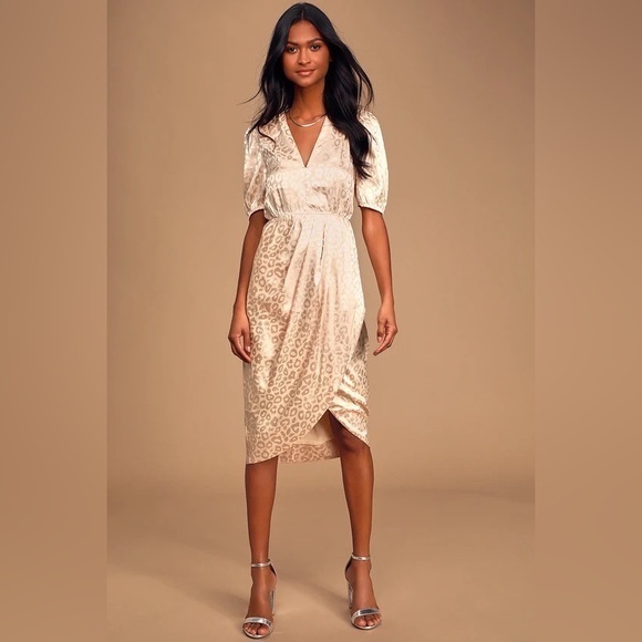 Lulus Boldly You Cream Leopard Print Satin Puff Sleeve Midi Dress size Small 4 6 - Picture 1 of 12